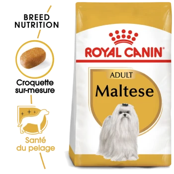 Sac de nourriture pour chien Royal Canin Adult Maltese présentant une illustration de chien Maltais, avec un texte mettant en avant la nutrition de la race et la santé du pelage.