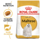 Sac de nourriture pour chien Royal Canin Adult Maltese présentant une illustration de chien Maltais, avec un texte mettant en avant la nutrition de la race et la santé du pelage.
