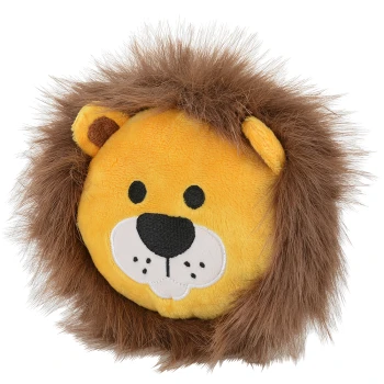 Plüsch-Tierspielzeug in Form eines Löwenkopfes mit gelbem Gesicht, schwarzen Augen und Nase, weißer Schnauze und flauschiger brauner Mähne.