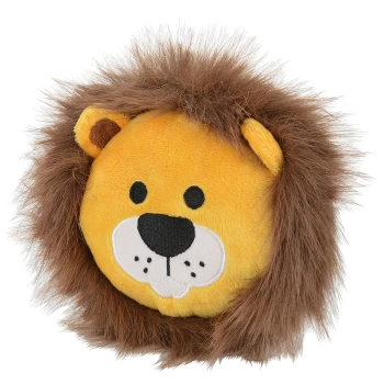 Plüsch-Tierspielzeug in Form eines Löwenkopfes mit gelbem Gesicht, schwarzen Augen und Nase, weißer Schnauze und flauschiger brauner Mähne.