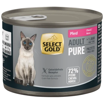 Boîte de nourriture pour chats Select Gold Adult Pure avec 72 % de viande de cheval, formule sans céréales, et image d’un chat siamois.
