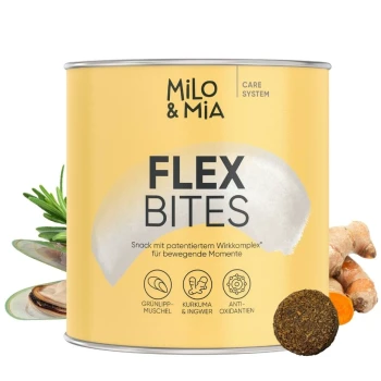 Gelbe Dose Milo & Mia Daily Bites für Hunde, mit dem Text 'Knochen & Gelenke', mit Zutaten wie Grünlippmuschel und Kurkuma.