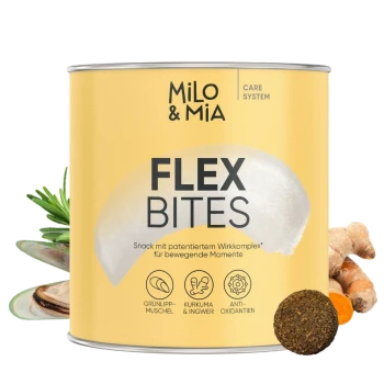 Gelbe Dose Milo & Mia Daily Bites für Hunde, mit dem Text 'Knochen & Gelenke', mit Zutaten wie Grünlippmuschel und Kurkuma.