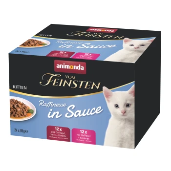 Eine Box mit Animonda Vom Feinsten Kittenfutter mit 24 x 85g Portionen in Geschmacksrichtungen wie Geflügel, Herz, Karotten und Garnelen.