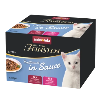 Eine Box mit Animonda Vom Feinsten Kittenfutter mit 24 x 85g Portionen in Geschmacksrichtungen wie Geflügel, Herz, Karotten und Garnelen.