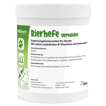 Weiße Dose mit Aufschrift 'Supravit Bierhefe gemahlen' 500 g, grün-gelbes Ergänzungsfuttermittel-Etikett mit Text 'Bierhefe fördert ein gesundes Fell' und 'für vitale und gesunde Tiere'.