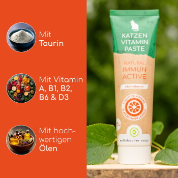 Tube 'Katzen Vitamin Paste' mit 'Natural Immun Active' und Symbolen für Taurin, Vitamine A, B1, B2, B6, D3 und Öle.