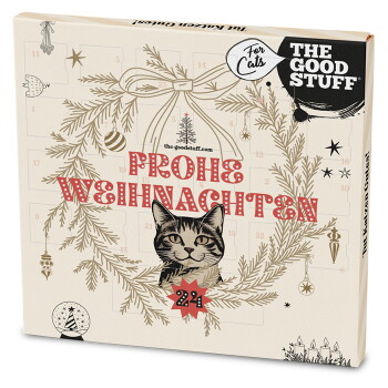 Schachtel mit Katzenportrait in einem Kranz, Ornamenten und den Texten 'THE GOOD STUFF', 'For Cats', 'the-goodstuff.com' und '24'.