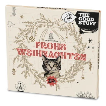 Schachtel mit Katzenportrait in einem Kranz, Ornamenten und den Texten 'THE GOOD STUFF', 'For Cats', 'the-goodstuff.com' und '24'.