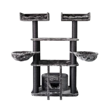 Ein hoher, mehrstöckiger Katzenbaum in Grau mit zwei oberen Plattformen, zwei gemütlichen Hängematten und einem zentralen Versteck.