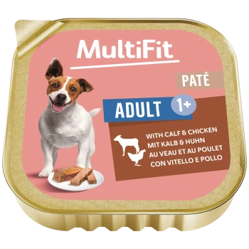 MultiFit pate tray: 'Adult 1+' dog food with smiling dog and plate of pate, labeled 'With calf & chicken'.