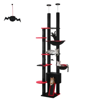 Ein hoher schwarzer und roter Katzenbaum mit mehreren Ebenen, auf dem vier Katzen entspannen und spielen, und einem hängenden Spielzeug in Form einer Fledermaus.