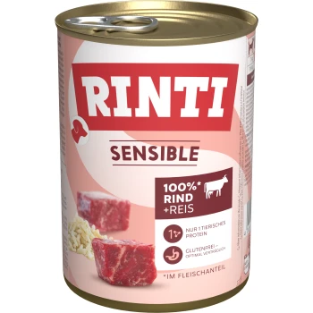 Nourriture pour chiens en conserve étiquetée "Rinti Sensible", contenant 100 % de bœuf et de riz, avec une mention sans gluten et des images de morceaux de viande.