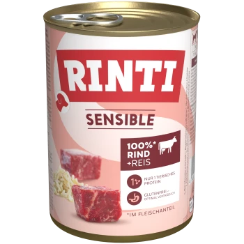 Dosen-Hundefutter mit der Bezeichnung "Rinti Sensible", das 100% Rindfleisch und Reis enthält, mit einem glutenfreien Anspruch und Bildern von Fleischstücken.