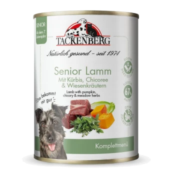 Dose Tackenberg Senior Lamm Hundefutter mit Lamm, Kürbis, Chicorée und Wiesenkräutern, mit Bild eines glücklichen Hundes.
