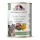 Boîte de nourriture pour chiens Tackenberg Senior Lamm avec agneau, citrouille, chicorée et herbes des prés, avec image d'un chien heureux.