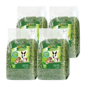 Cztery torby przysmaków Mulitfit Nature Snacks, bezziarnistych przysmaków z pietruszki dla małych zwierząt, każda zawierająca 200g zielonej, suszonej pietruszki.