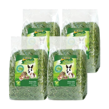 Vier Beutel Mulitfit Nature Snacks, getreidefreie Petersilienleckerlis für kleine Haustiere, jeweils mit 200 g grüner, getrockneter Petersilie.