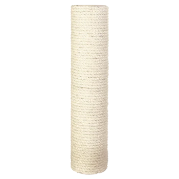 Un poteau à gratter cylindrique et haut recouvert de corde de sisal naturel, conçu pour que les chats puissent gratter et grimper.