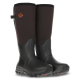 Paar schwarze und braune wasserdichte Jagdstiefel mit robusten Sohlen und einem orangefarbenen Gateway-Logo an der Oberseite.
