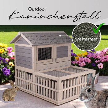 Outdoor-Kaninchenstall: hölzerner Kaninchenstall mit eingezäuntem Auslauf, zwei Kaninchen und Blumen; Einsatztext: "wetterfest".