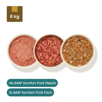 Tierfutterpackungen mit 8 Rindfleisch-, 6 Geflügel- und 2 Fischpackungen, alle mit Nährwertinformationen beschriftet.