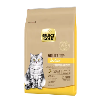Sac de nourriture pour chats Select Gold mettant en vedette un chat tigré gris, étiqueté "ADULT Indoor," avec un texte soulignant la nutrition équilibrée pour les chats d'intérieur.