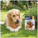 Golden Retriever kauwt een traktatie op het gras naast een zak met de tekst 'PREMIERE. I ♥ my dog' 'Chew Snack Rolls'.