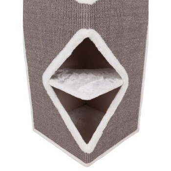 Grau-weißes Haustierkondo mit einer diamantförmigen Öffnung, mit einem plüschigen Innenraum und einem Regal für Katzen zum Ausruhen.