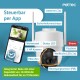 PetTec Haustierkamera mit App-Steuerung, zeigt beschriftete Funktionen: Antennen, LED, 3 MP Kamera, Mikrofon, Sirene, Bewegungssensor, 10.400mAh Batterie.