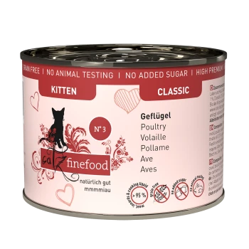 Dosenfutter für Kätzchen mit der Bezeichnung 'N° 3', mit Geflügel, getreidefrei, ohne Tierversuche und ohne Zuckerzusatz.