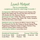 Nourriture pour animaux de compagnie Lamb Hotpot pour chiens adultes, contenant 60% d'agneau, des légumes et des herbes. Les informations nutritionnelles incluent des vitamines, des minéraux et la teneur en énergie.