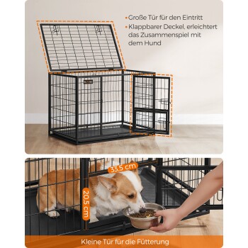 Schwarze Metallhundebox mit einer großen Eingangstür und einem klappbaren Deckel für einfachen Zugang. Verfügt über eine kleine Futtertür mit den Maßen 33,5 cm.