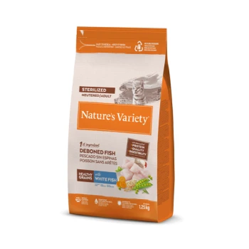 Sac de croquettes Nature's Variety pour chats adultes stérilisés — poisson désossé avec poisson blanc, céréales saines, 1,25 kg.
