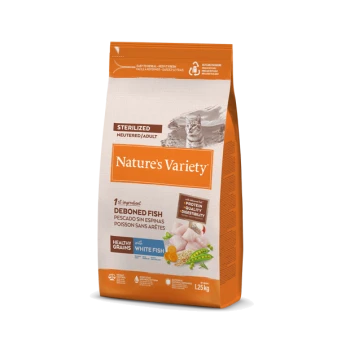 Sac de croquettes Nature's Variety pour chats adultes stérilisés — poisson désossé avec poisson blanc, céréales saines, 1,25 kg.