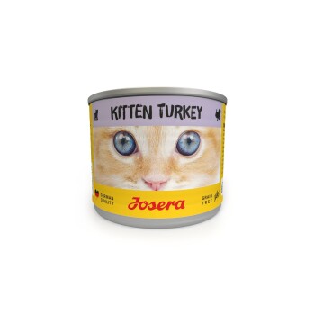 Eine Dose Josera Kitten Turkey Katzenfutter mit einer Nahaufnahme des Gesichts eines Kätzchens, beschriftet mit "KITTEN TURKEY", mit den Texten "Deutsche Qualität" und "Getreidefrei".