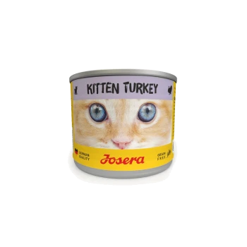 Eine Dose Josera Kitten Turkey Katzenfutter mit einer Nahaufnahme des Gesichts eines Kätzchens, beschriftet mit "KITTEN TURKEY", mit den Texten "Deutsche Qualität" und "Getreidefrei".