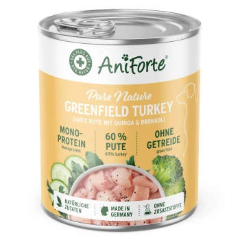 Dose Hundefutter mit der Aufschrift "AniForte PureNature Greenfield Turkey," mit einer Truthahn-Illustration und Zutaten wie Quinoa, Brokkoli und Beeren.