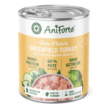 Dose Hundefutter mit der Aufschrift "AniForte PureNature Greenfield Turkey," mit einer Truthahn-Illustration und Zutaten wie Quinoa, Brokkoli und Beeren.