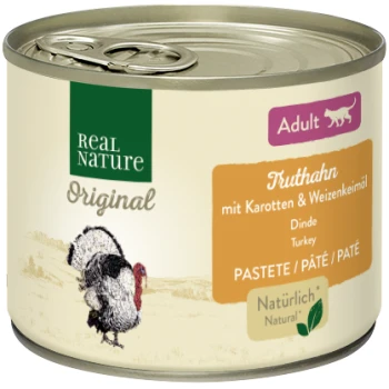 Nourriture en conserve pour animaux de compagnie étiquetée "Real Nature Original" avec de la dinde, des carottes et de l'huile de germe de blé, adaptée aux chats adultes.