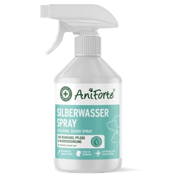 Flasche mit kolloidalem Silber, beschriftet mit 'AniForte SILBERWASSER SPRAY' zur Reinigung und Wundpflege, hergestellt in Deutschland.
