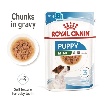 Royal Canin Puppy Mini wet food pouch, 85g, for puppies 2-10 months, featuring chunks in gravy and a soft texture for baby teeth.