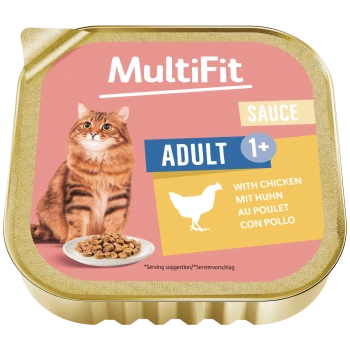 MultiFit SAUCE ADULT 1+ Katzenfutter mit Huhn — orangegetigerte Katze, Teller mit feuchten Stücken, Hühnersilhouette