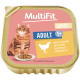 MultiFit SAUCE ADULT 1+ Katzenfutter mit Huhn — orangegetigerte Katze, Teller mit feuchten Stücken, Hühnersilhouette