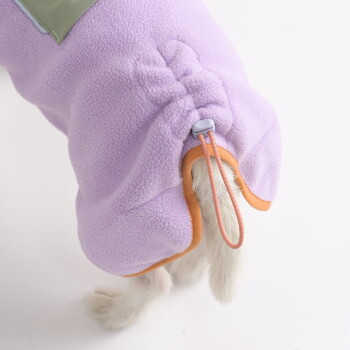 Kleiner Hund trägt eine lila Fleecejacke mit orangefarbener Einfassung und grünem Aufnäher mit der Aufschrift „WOOLLY WOL“ auf weißem Hintergrund.
