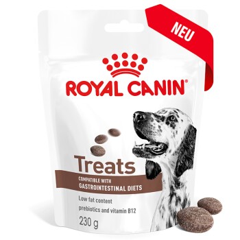 Royal Canin Hundeleckerlis Verpackung mit schwarz-weißer Hundillustration, beschriftet für gastrointestinale Diäten, 230 g, fettarm, Präbiotika, Vitamin B12.