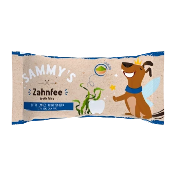 Opakowanie przysmaków dla psów "Sammy's Zahnfee," pokazujące rysunkowego psa z skrzydłami i koroną, trzymającego różdżkę, oraz tekst "Extra langes Kauvergnügen."