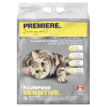 Premiere klonterende kattenbakvulling met een speelse tabby kat, gelabeld "voor gevoelige katten" in meerdere talen, met nadruk op belangrijke voordelen.
