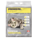 Sac de litière agglomérante Premiere avec un chat tigré joueur, étiqueté "pour les chats sensibles" en plusieurs langues, mettant en avant les principaux avantages.