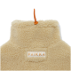 Beiger Sherpa-Haustiermantel-Rückenkragen mit orangefarbener Kordel und Stopper; Etikett mit der Aufschrift 'PAIKKA'.